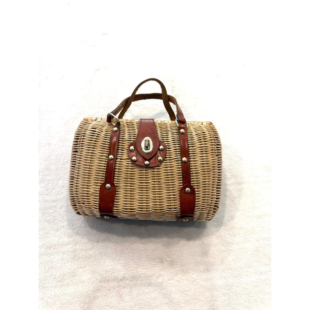 Vintage 1950s British Wicker Basket Handbag Brown Leather Trim Mid-Century Woven